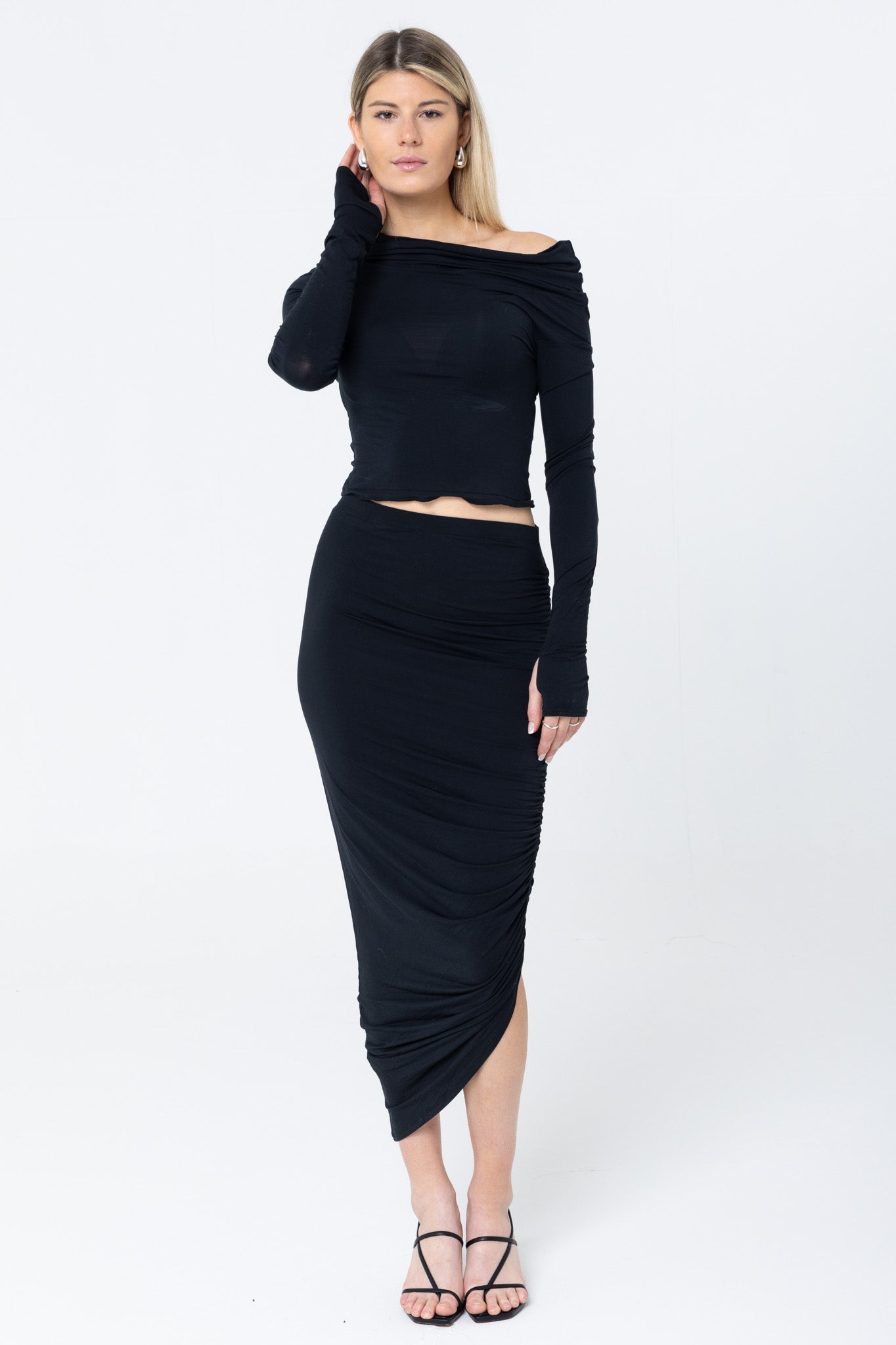 THE MATERNITY, NON-MATERNITY CINCHED ASYMMETRICAL MICRO MODAL SKIRT / ONYX