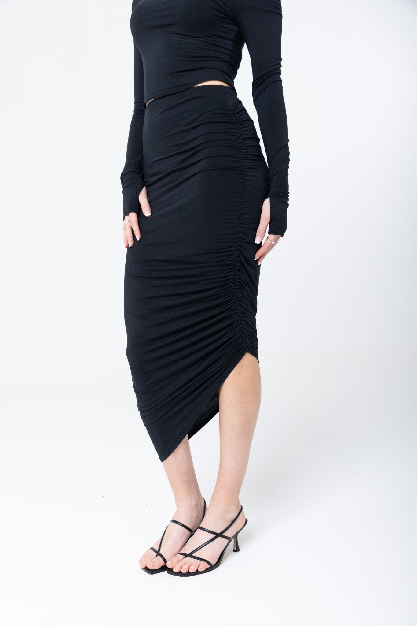 THE MATERNITY, NON-MATERNITY CINCHED ASYMMETRICAL MICRO MODAL SKIRT / ONYX
