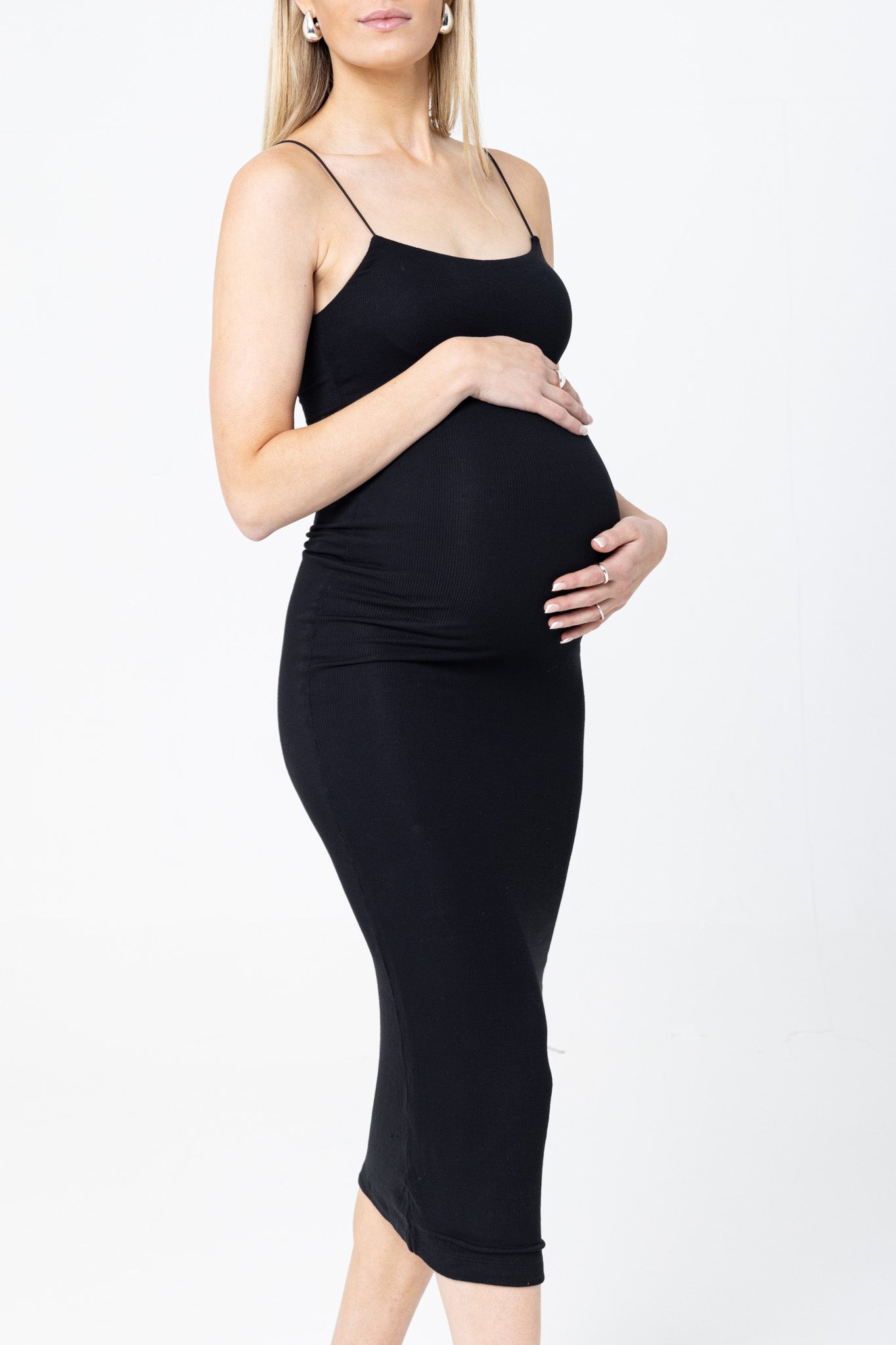 THE MIDI CORDED STRAPS RIBBED DRESS / ONYX