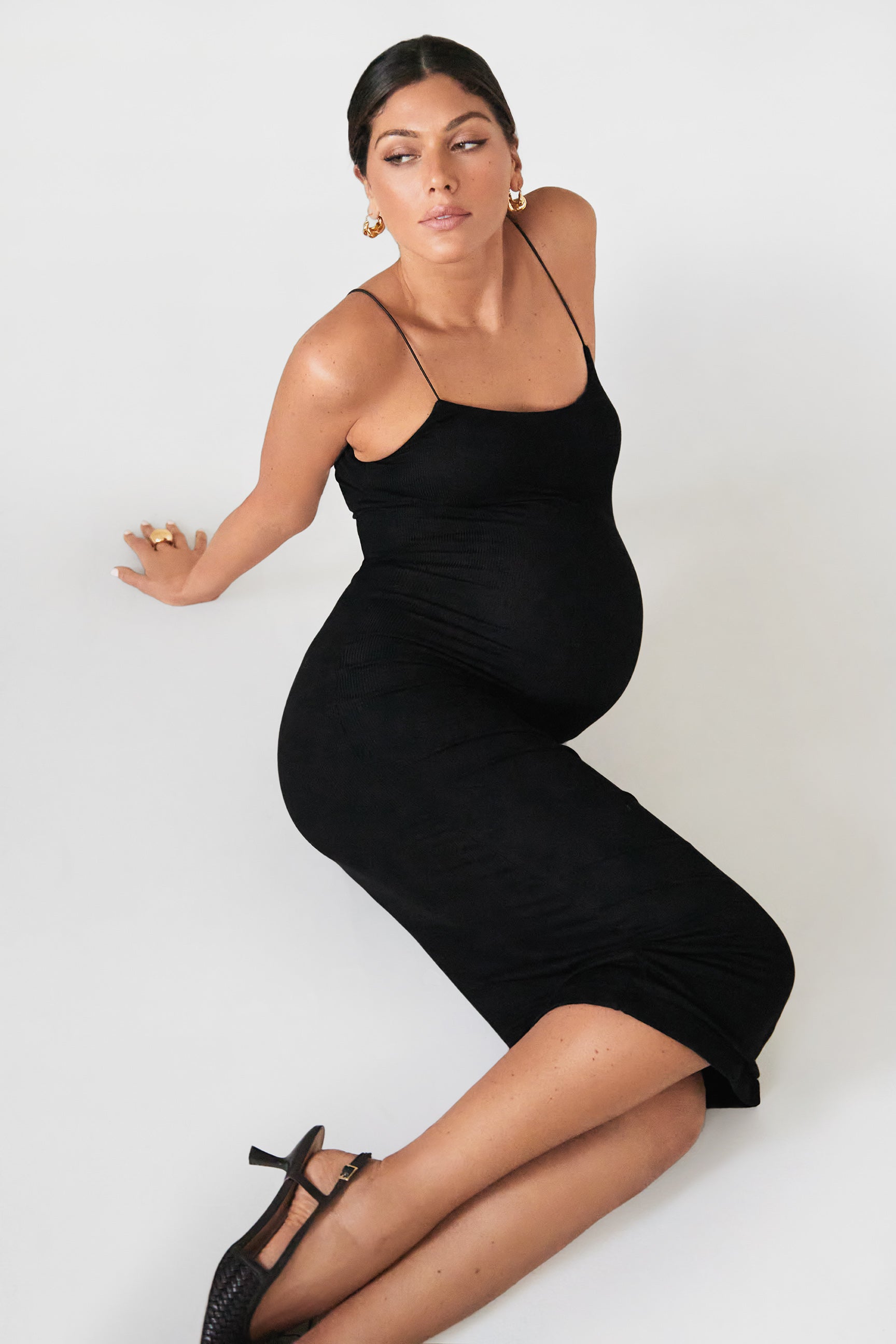 THE MIDI CORDED STRAPS RIBBED DRESS / ONYX