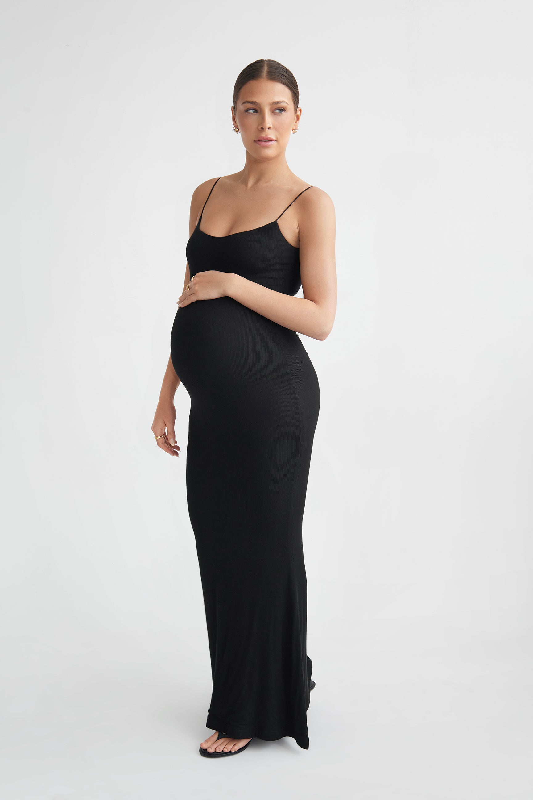 THE MAXI CORDED STRAPS RIBBED DRESS / ONYX