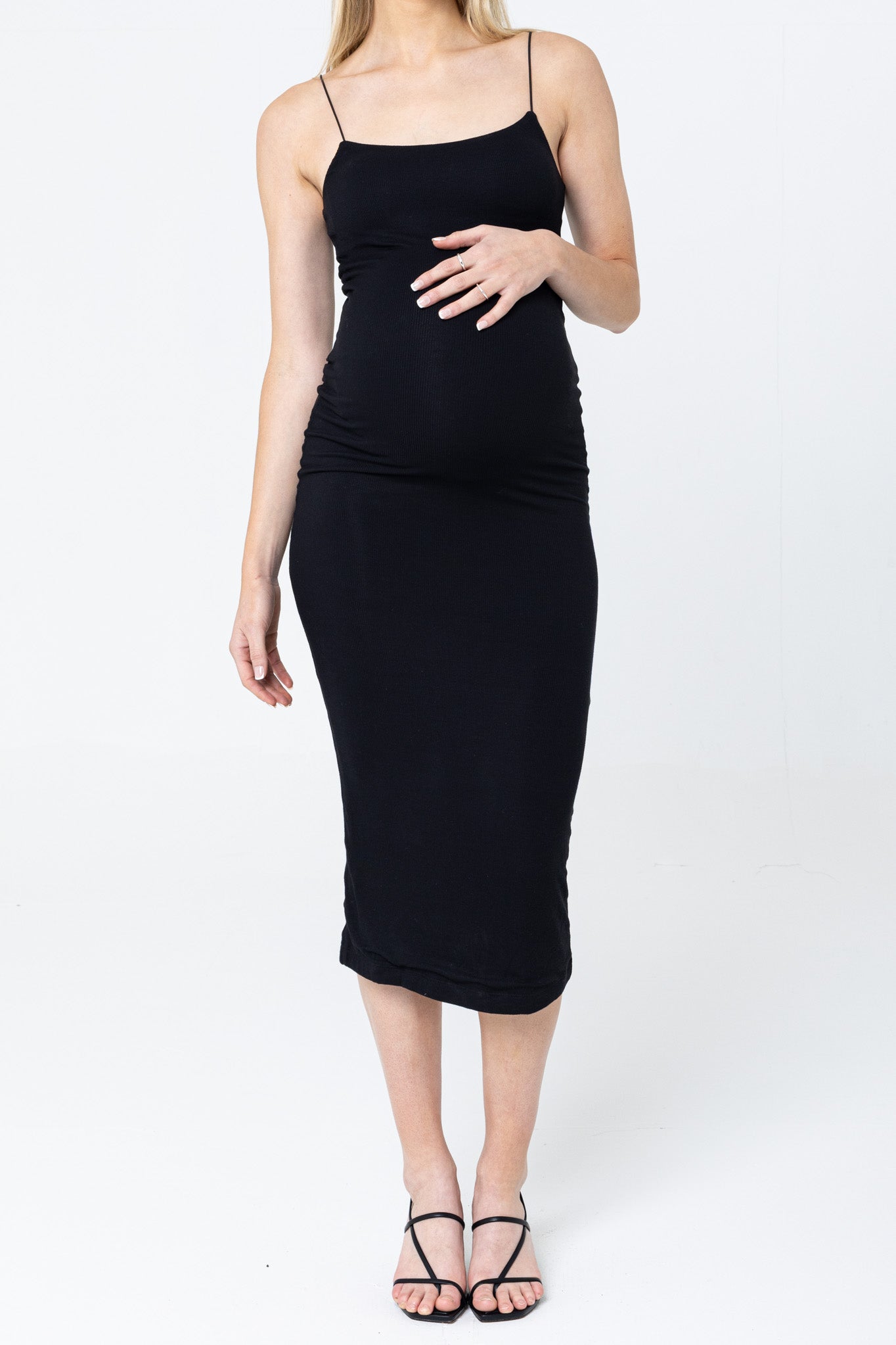 THE MIDI CORDED STRAPS RIBBED DRESS / ONYX
